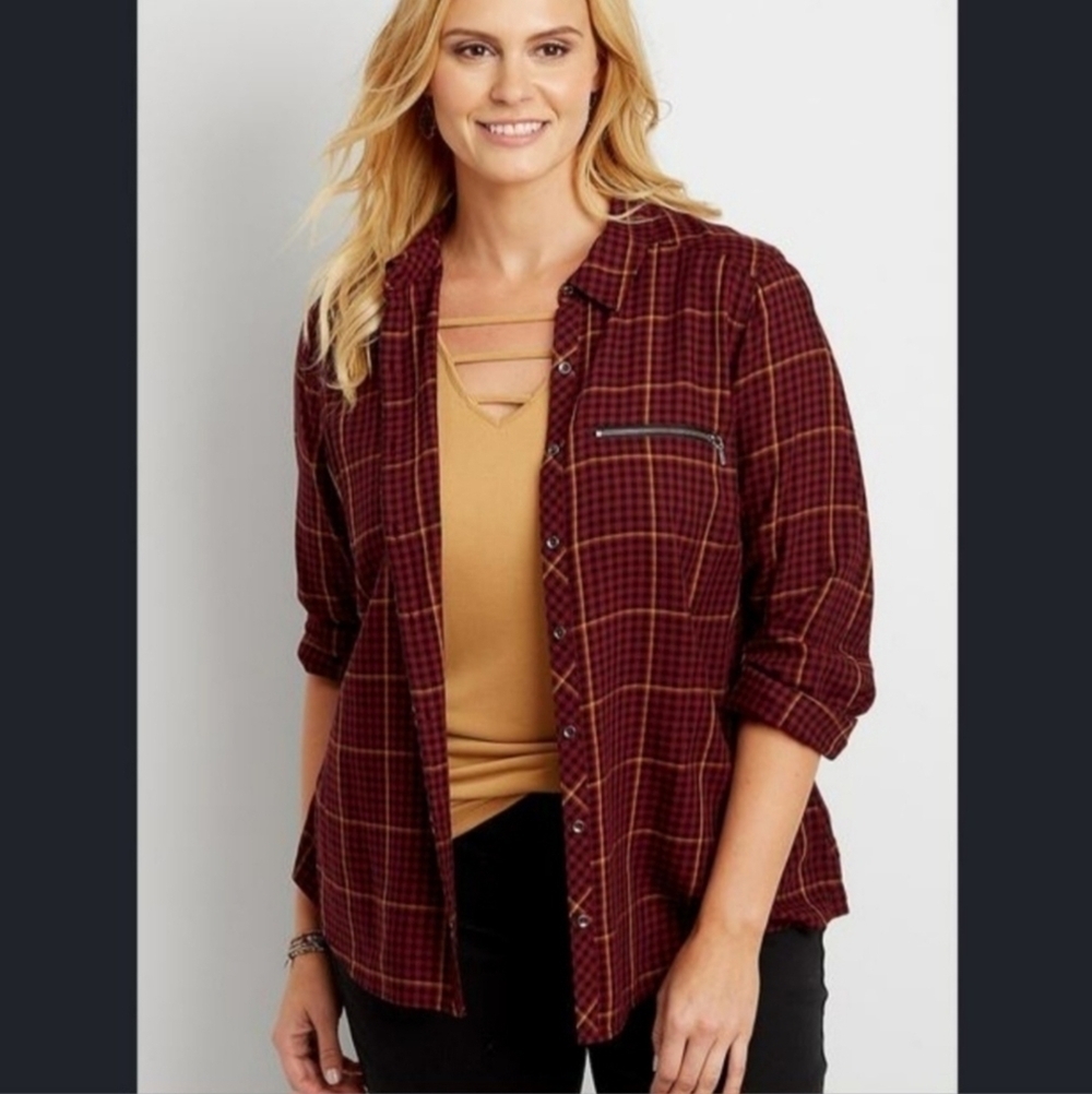 Maurices Button Up Shirt Gingham Plaid Shirt Zipper Pocket Women's XL Fall EUC